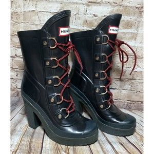 Hunter Gabby Lapin Rain Snow Boot US 5 EUR 35 / 36 Black Lace Up Platform